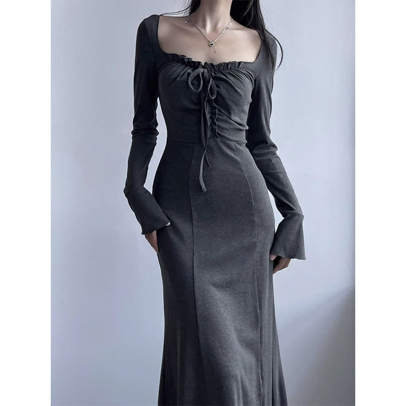 Spring Autumn Sexy Fashion Square Collar Lace Up Mermaid Dress Female Long Sleeve Slim Casual Robe Femme Solid Color Vestidos