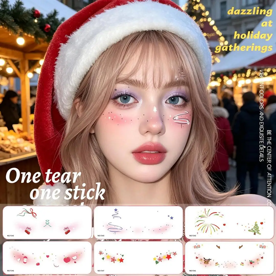 A New Stock Christmas Face Tattoo Stickers, Waterproof Sweatproof Creative Makeup Decals for Xmas Party Ball Event Cosplay