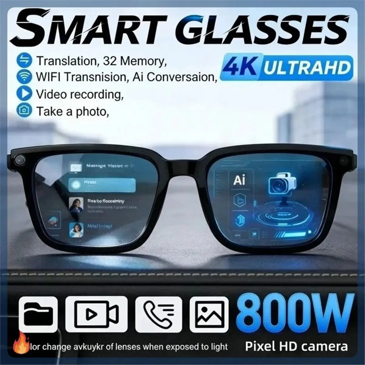 “QUALITY EXCELLE“AI Smart Glasses AI Translation 5MP HD Camera 4K Image Bluetooth Call Recording Music Smart Sunglasses Black