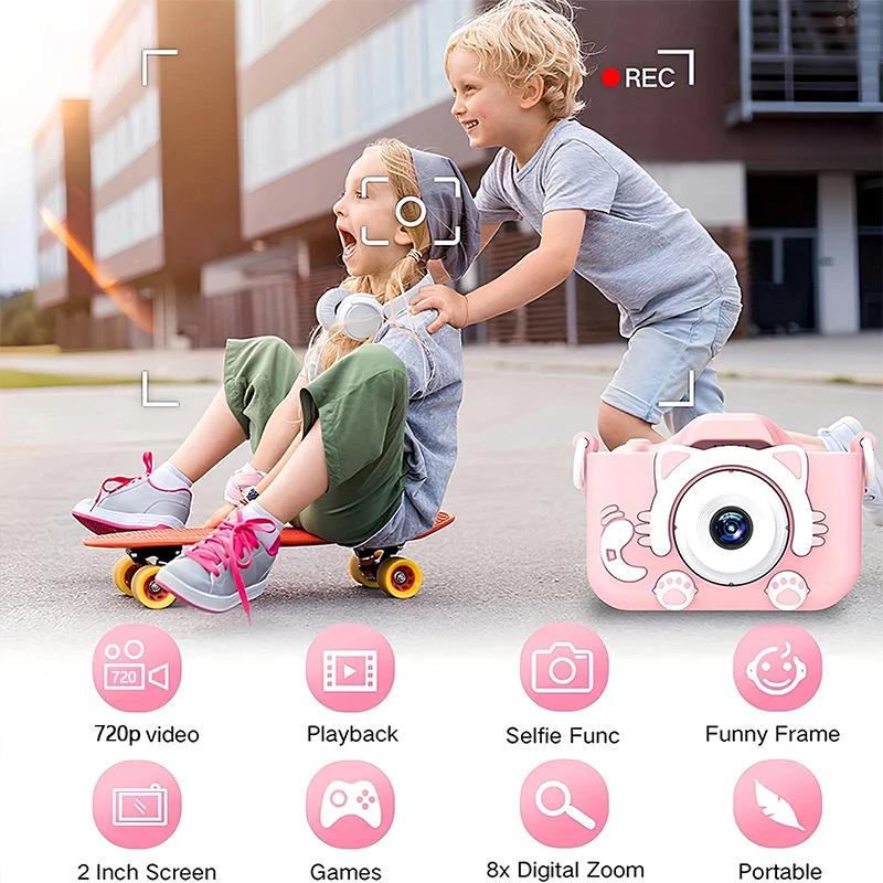 Mini appareil photo numérique pour enfants, jouets pour enfants, dessin animé vidéo, housse en silicone souple, carte SD 32 Go, garçon, fille, cadeau de Noël