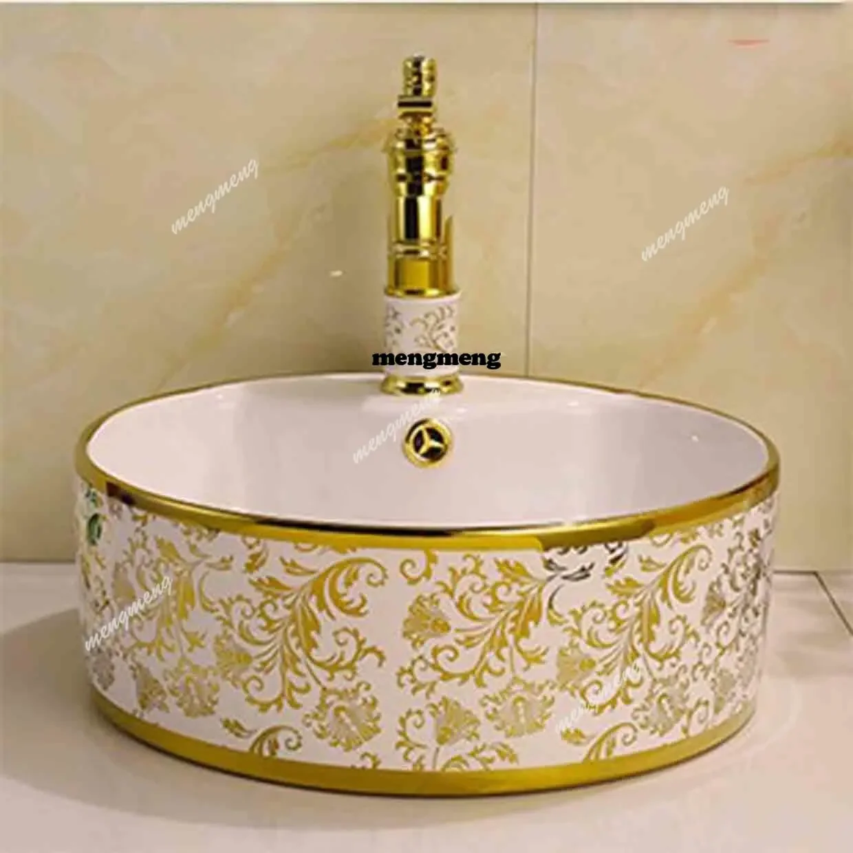 New arrive Nordic Electroplating Ceramic Basin Bathroom Washbasin Golden Flower Round Basin Light Luxury Countertop Sinks With F