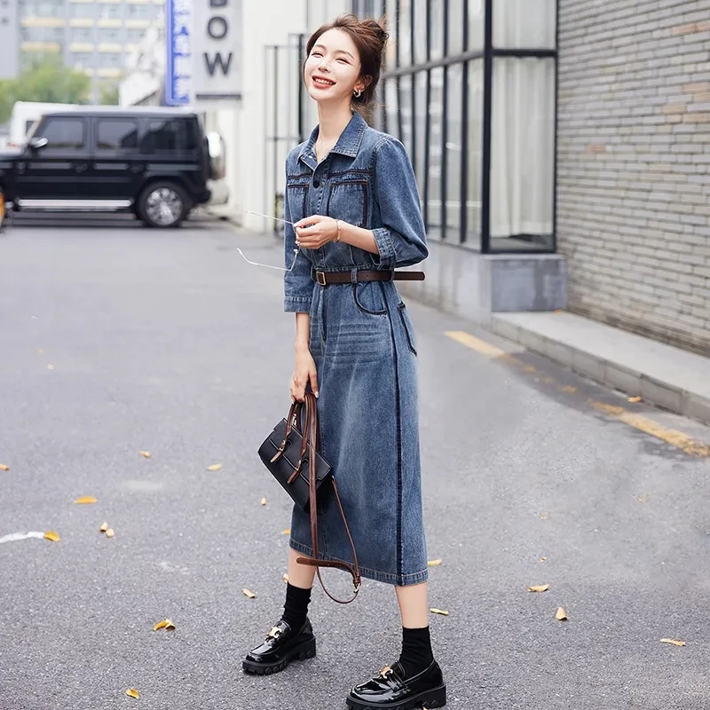 Denim Dress Women 2023 Spring New Age Reduction Fashion Versatile Jeans Dresses Female Large Size Seven Points Sleeve Long Skirt