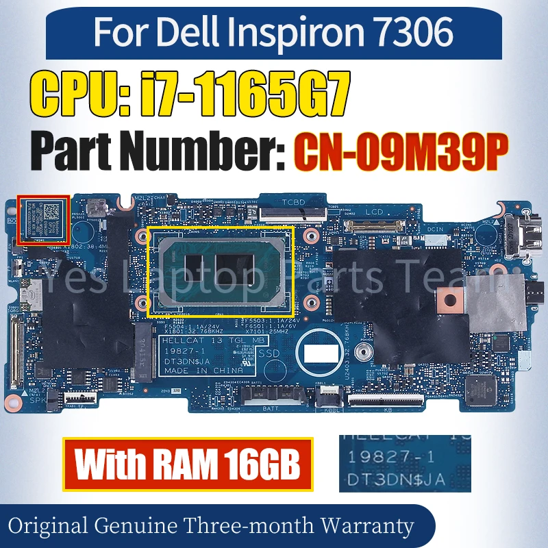 19827-1 For Dell Inspiron 7306 Laptop Mainboard CN-09M39P 09M39P SRK02 i7-1165G7 RAM 16GB Notebook Motherboard 100％ Tested