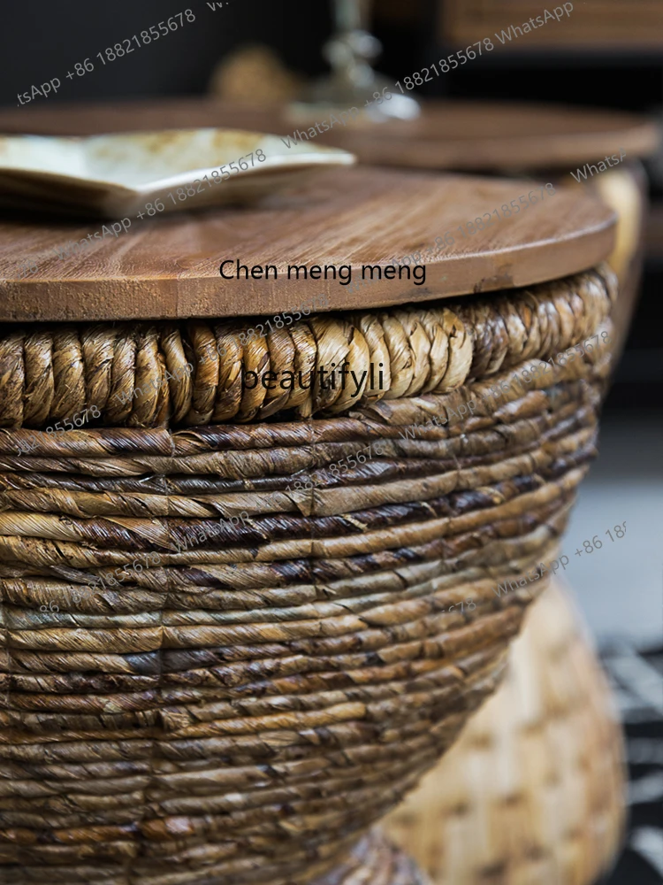 X المستوردة المنسوجة يدويا الروطان مقعد صغير القديم خشب الساج خشب متين الطعام البراز طاولة القهوة الصغيرة مقعد مستدير نمط جنوب شرق آسيا