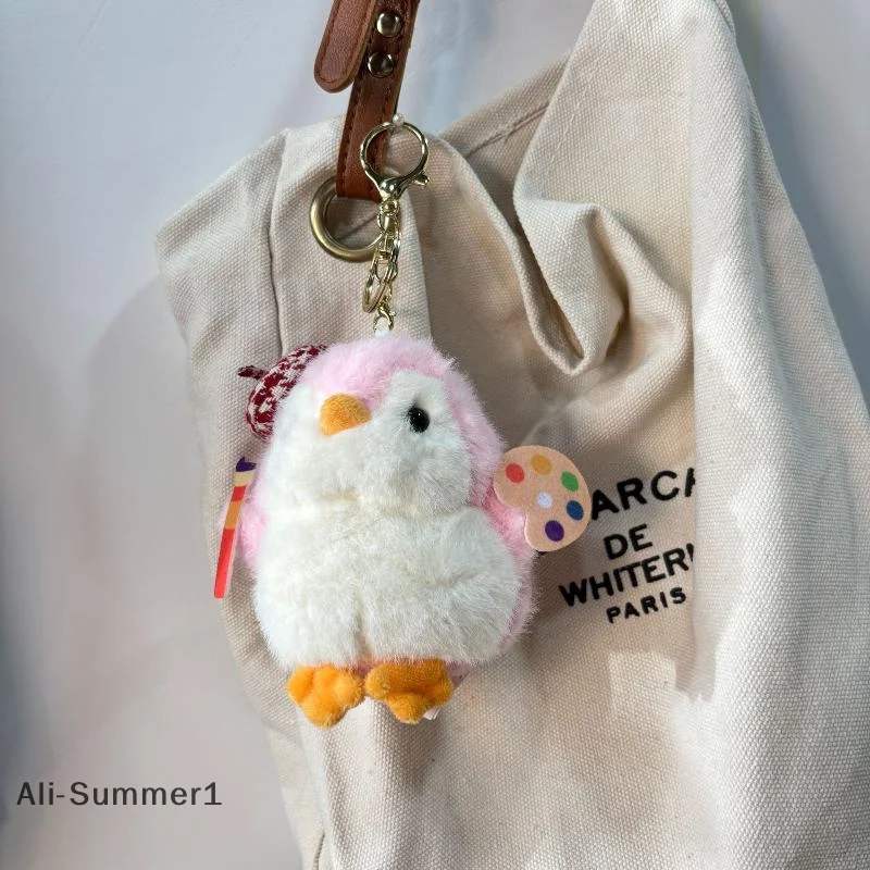 【E】Cute Little Painter Penguin Plush Keychain Stuffed Doll Keyring Bag Pendant Backpack Hanging Decoration Christmas Gifts