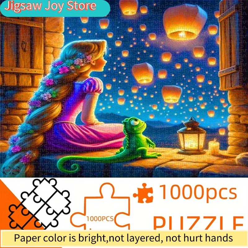 

1000pcs Long-Haired Princess & Sky Lanterns Puzzle - Romantic Cartoon Scene with Green Lizard & Lanterns, Ideal for Couples &