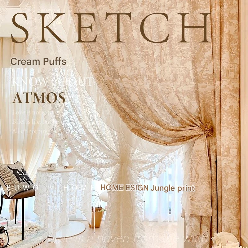 

French jungle print lace curtains living room bedroom girl retro fabric finished product wholesale cotton and linen