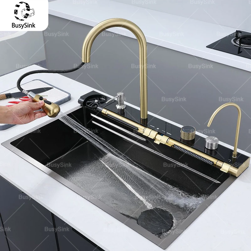 

Household Waterfall Golden Kitchen Sink Stainless Steel Large Single Slot MultiFunction Wash Vegetable and Dish Countertop Basin
