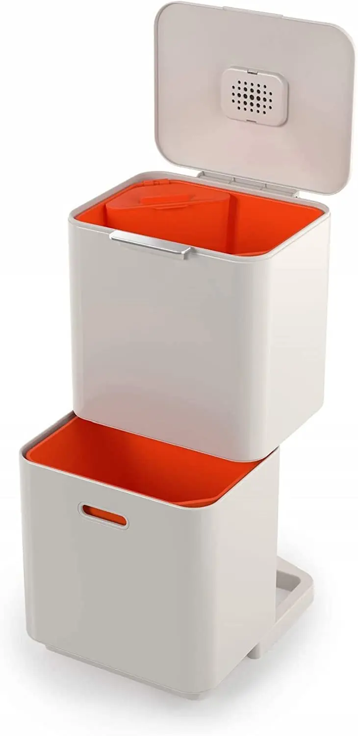 

60L Dual Compartment Recycling Kitchen Trash Can with Odor Filter & Removable Compost Caddy, Stone