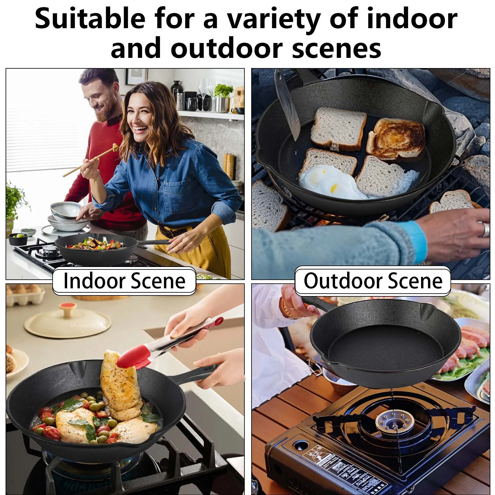 Ensemble de 4 poêles en fonte non revêtue 14/16/20/26 cm, compatibles avec tous les types de cuisinières, répartition uniforme de la chaleur, poêle en fonte durable antiadhésive pour faire frire,