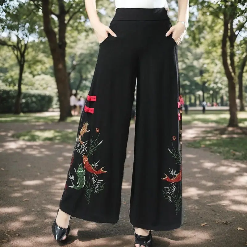 Cotton and linen embroidered new Chinese style wide-leg pants national pants fashionable loose embroidered