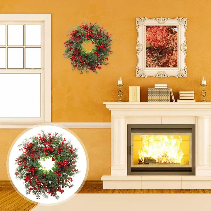 1Pc, Charming 13.8in Christmas Wreath with Red Eucalyptus Berries - Perfect for Front Door, Fireplace Mantle & Window Decor
