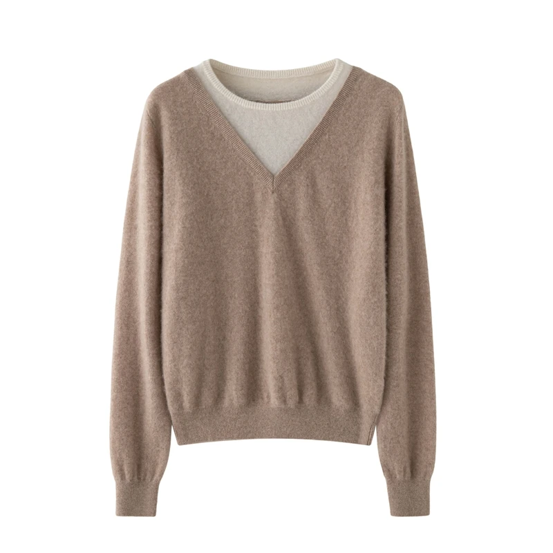 Damen-Pullover aus 100 % Kaschmir, rund, V-Ausschnitt, gefälschter zweiteiliger Farbblock-Pullover, Basic, weiche Kaschmir-Strickwaren, Herbst-Winter-Top