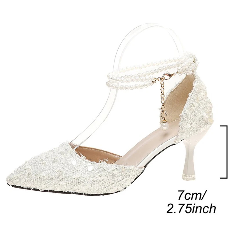 بلينغ أشار تو مضخات أحذية النساء الصيف 2025 اللؤلؤ مشبك حزام المرأة مضخات إزالة الأعشاب الضارة الصلبة حجم كبير سيدة أحذية عالية الكعب