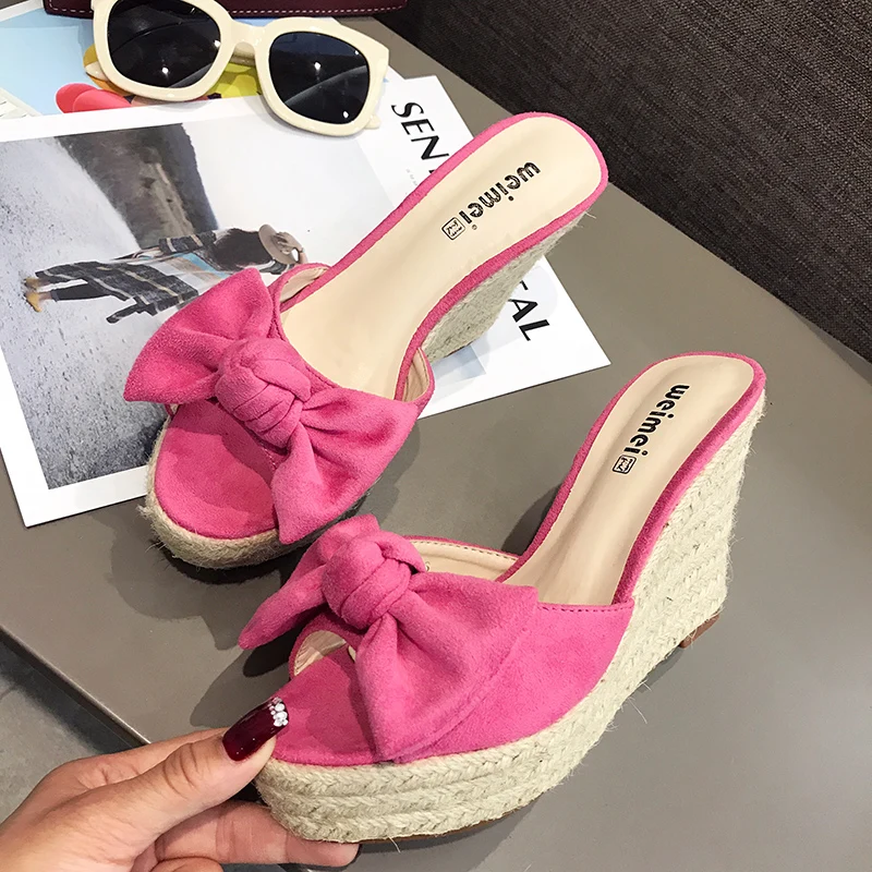 

ZOOKERLIN Peep Toe Rattan Grass Weave Wedges Women Slippers Hollow Platform Pumps Suede Slides Sandals Elegant Woman Shoes Heels