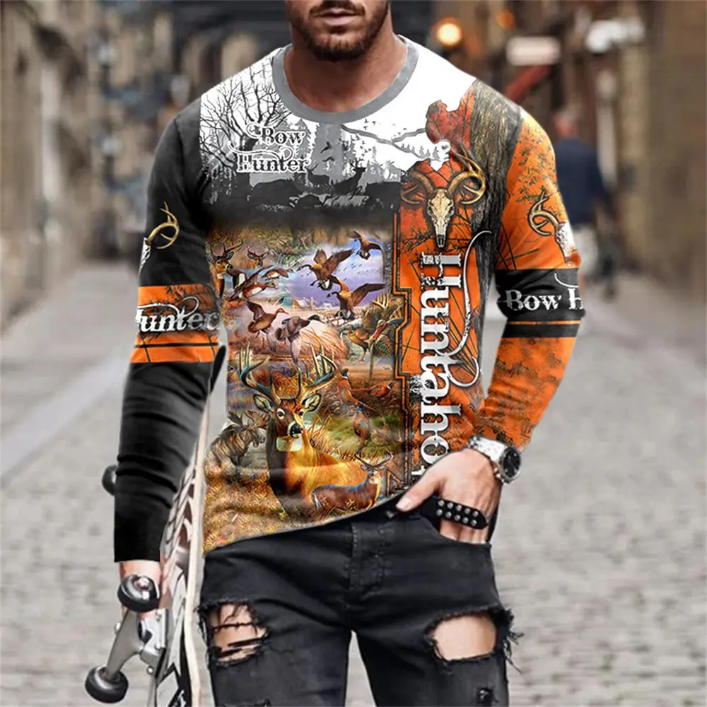 Wild Animal Hunting 3d Print Summer Men\'s Round Neck T-shirt Casual Long Sleeve Oversized T Shirt Fashion Pullover Men Clothing