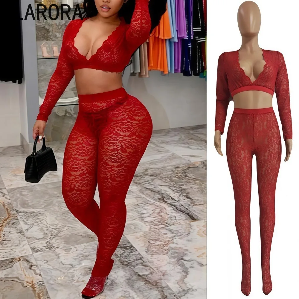 

FLARORA Fancy Sheer Lace 2 Piece Sets Woman V Neck Long Sleeve Crop Tops And High Waist Footed Leggings Sexy Clubwear Outfits
