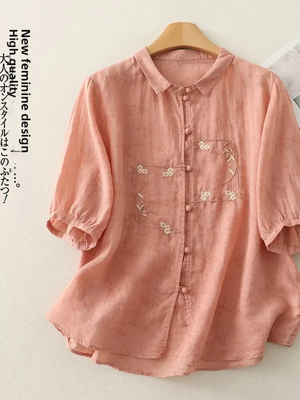 เสื้อคลุมคาร์ดิแกนผ้าฝ้ายลินินพิมพ์ลายปัก  ไซส์ใหญ่  สำหรับผู้หญิง  กระดุมเดี่ยว  ปกเปิด  แขนห้าส่วน  ใส่สบายๆ  สำหรับฤดูร้อน