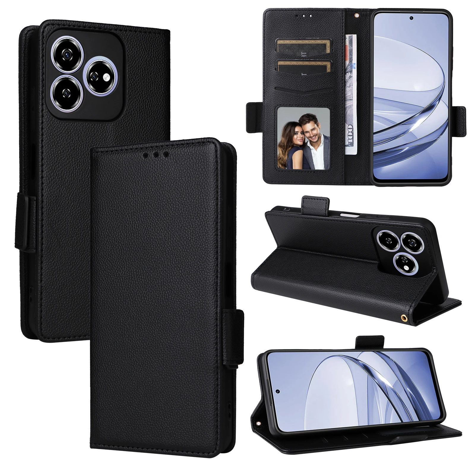 Funda tipo billetera con ranura para tarjetas para ZTE Axon 60, funda de teléfono a prueba de golpes con botón magnético de 6,72 ", botón lateral de cuero con patrón de lichi