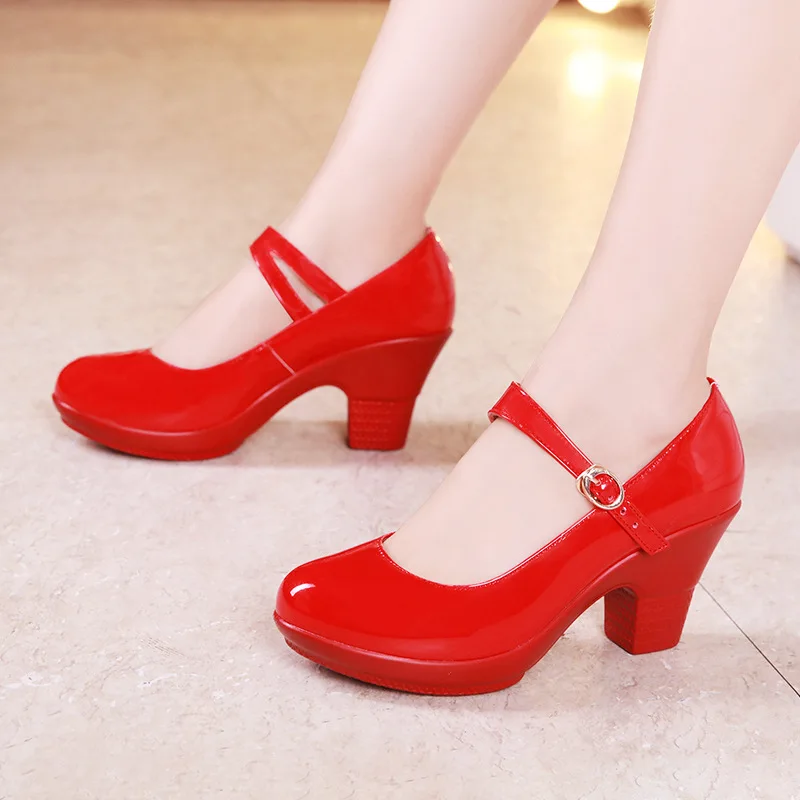 Big Size 32-43 Medium Block Heel Platform Shoes Women Wedding Shoes Red White 2021 Fall Mary Jane Shoes Ladies Pumps Leather