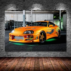 Supercar Posters Toyotas Supra With Green Neon Lights Orange Car Picture Canvas Painting Wall Art Prints Home Room Decorations