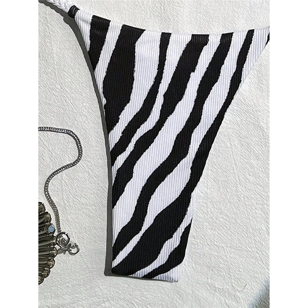 XS - L Zebra Halter Mini Thong Bikini Damen Bademode Zweiteiliger Bikini-Set mit Polsterung Badeanzug Schwimmanzug V6759 – Detail 7