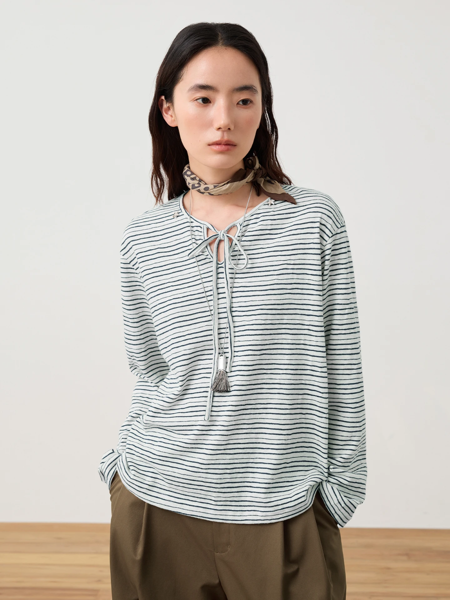 

Octopusme Women's Striped T-irt Spring Vintage Belted Lightweight Long Sve Loose Fit round Ne Casual Top