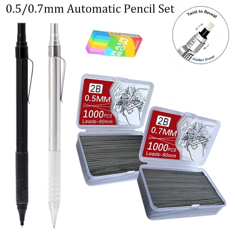 0.5/0.7mm Black/Silver Mechanical Pencil with Leads and Eraser,Automatic Pencil Sketch Painting Office Writing Stationery Supply