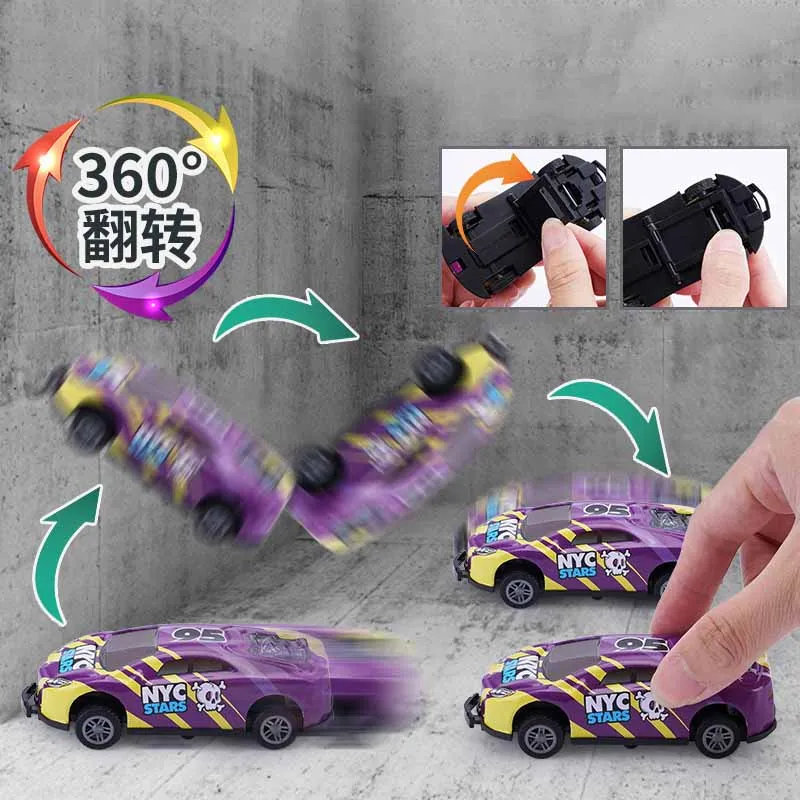 2Pcs Kids Alloy Racing Car Toys 360 ° Flip Crash Ejection Racing Car Inertia Car Toys Cool Graffiti Pattern Pull Back Car Toys