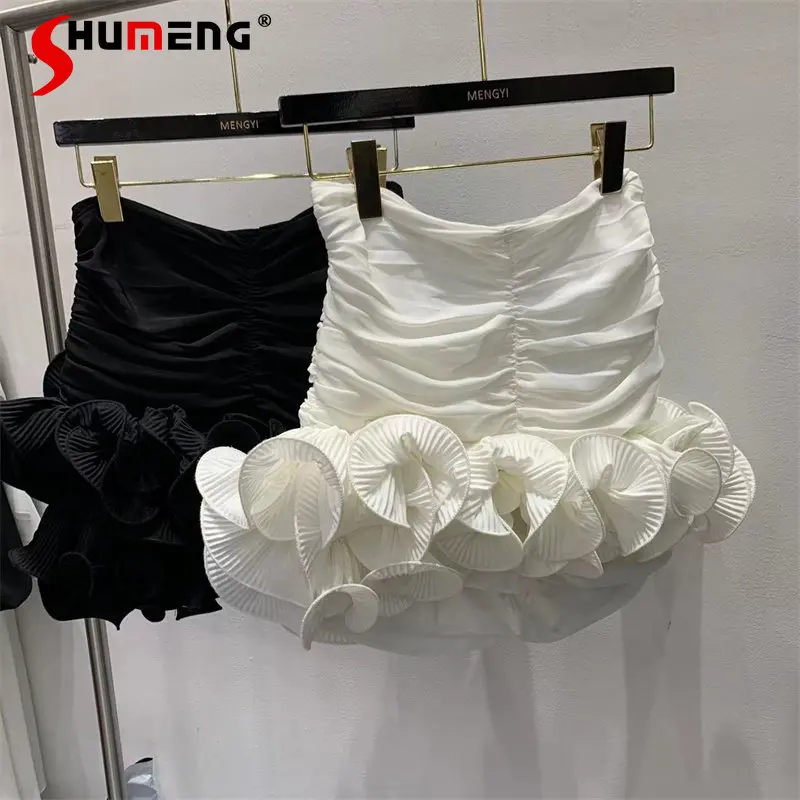 Irregular Three-Dimensional Pleated Edge Short Skirt Women's High Waist Slimming Hip Mini Skirt Summer White Black Skirts