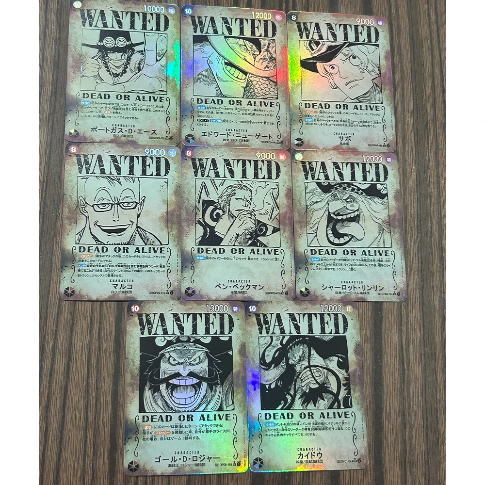 8Pcs/set Anime OPCG Wanted Collection Cards Portgas D Ace Roger Buggy Embossed Texture Refracted Color Flashing Card Child Gifts