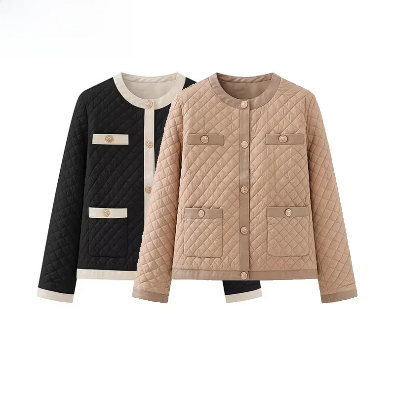 

ZBZR Autumn New Women's Loose Fit Color Blo Diamond Pattern Cotton Jaet Polyester Fiber ort Outerwear for Ladies