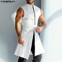 INCERUN Summer Men Tank Tops Solid Color Zipper Sleeveless Pleated Irregular Vests Men Streetwear 2025 Fashion Long Style Tops