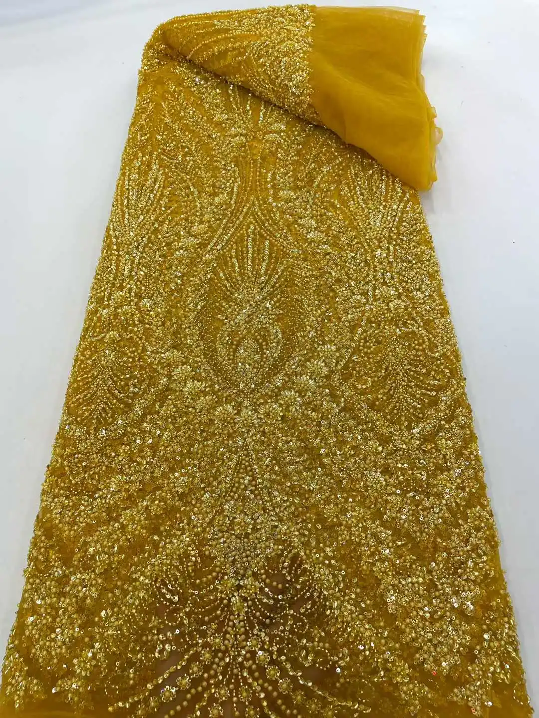 高級アフリカナイジェリア産スパンコールビーズ付きレース生地2025高品質フランス製ゴールドメッシュレース生地、パーティー、ウェディングドレス縫製用