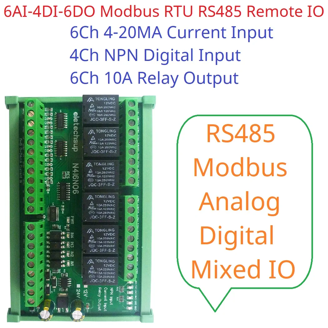 N4I6N06 6AI-4DI-6DO Mixed Remote IO Module  6CH 4-20mA Analog Input 4CH NPN Digital Input 6CH 10A Relay Output RS485 Modbus RTU