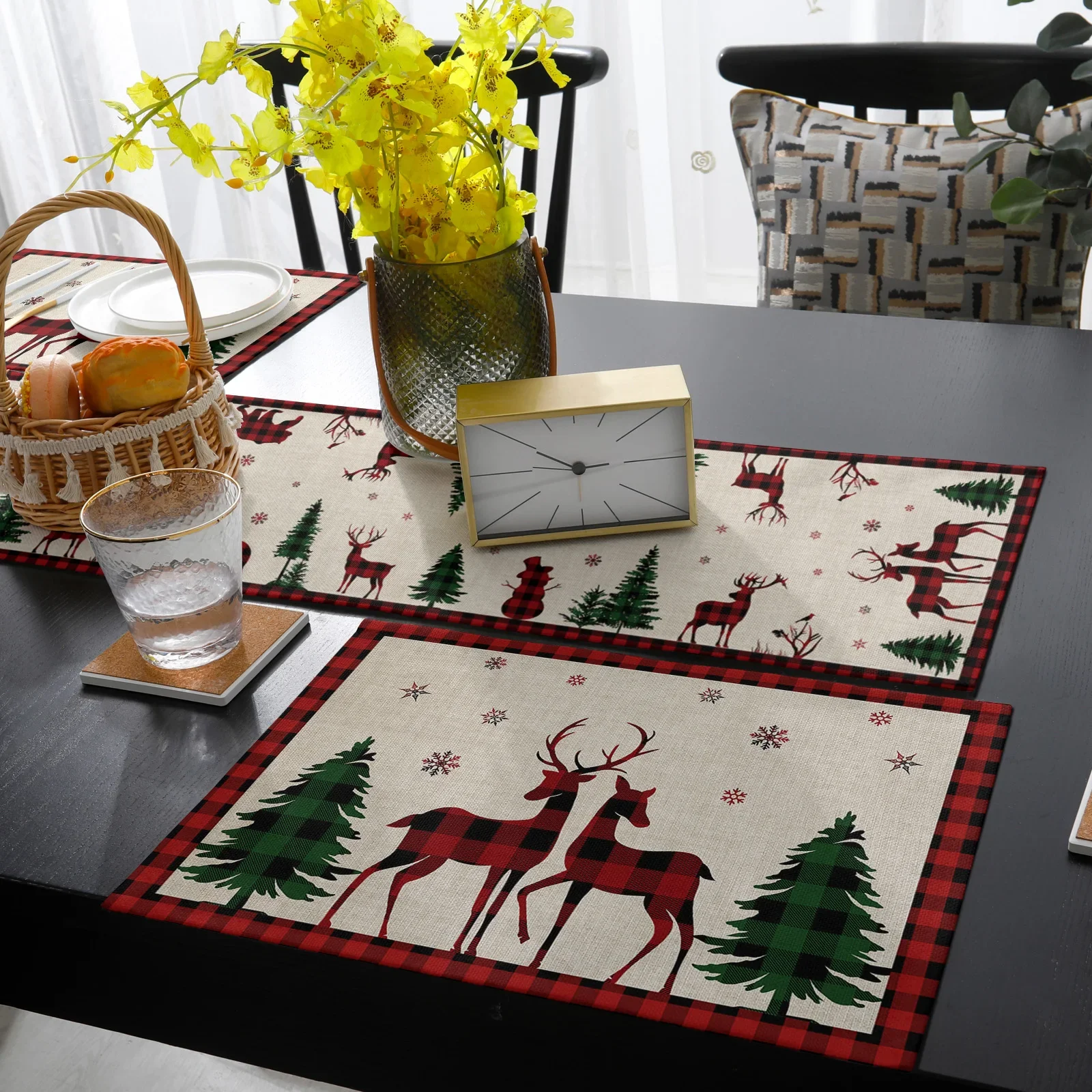 Christmas Snowflake Elk Christmas Tree Table Runner and Placemat Set Wedding Table Decor Table Runner Christmas Decor Tablecloth