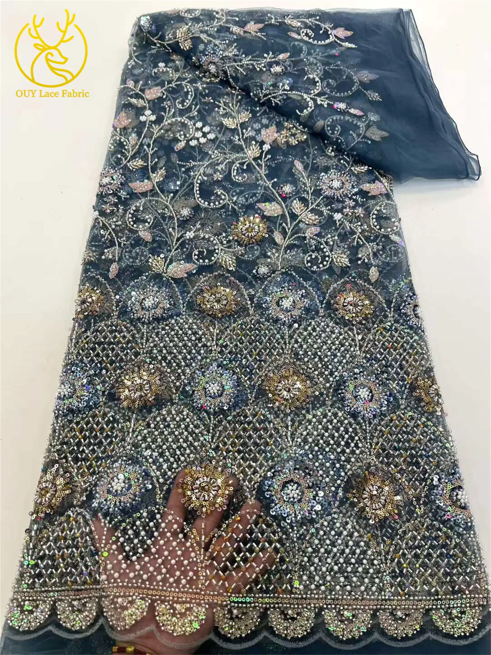Роскошная французская сетчатая кружевная ткань с вышивкой и блестками, 5 ярдов, африканская нигерийская кружевная ткань с бисером для вечернего платья, швейный материал