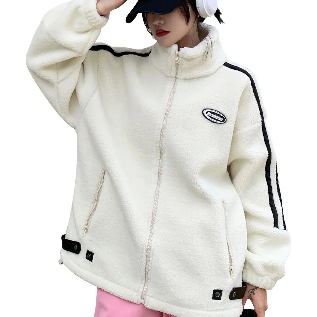 Jaqueta de lã polar masculina com gola alta bordada, manga comprida, casacos de pele artificial com bolso com zíper, outono e inverno