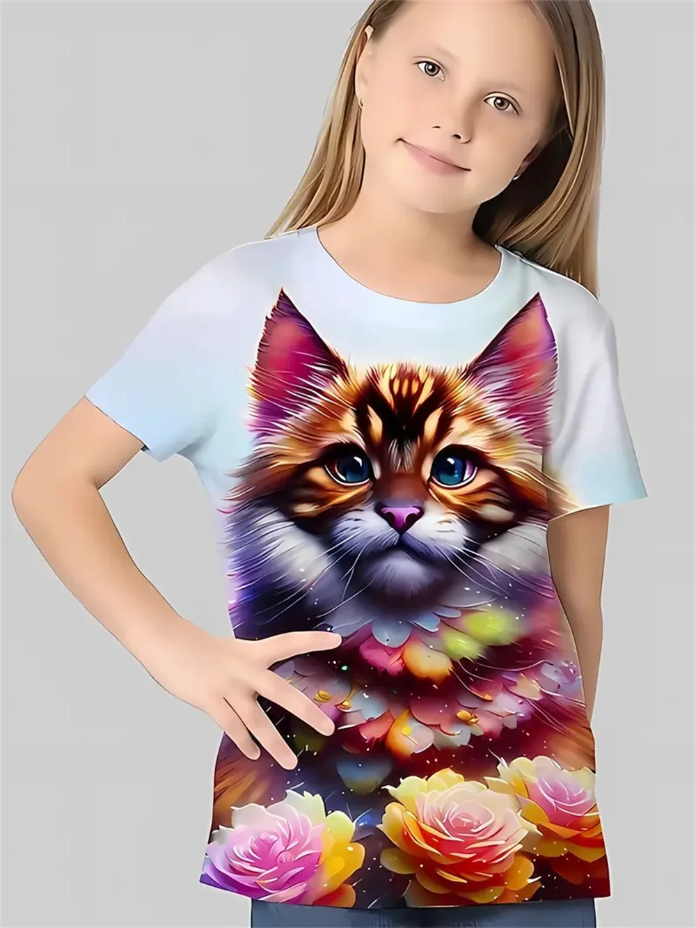 Cartoon Animals Cat 3d Print 2025 Girls' Clothing Fashion Casual T-Shirts Funny Girls' T-Shirts Summer Short Sleeved Top