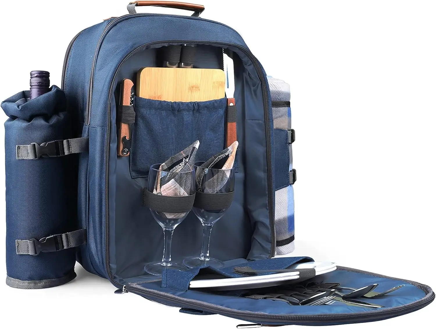 2-Person Picnic Backpack Set for Couples, Outdoor Camping Pack with Insulated Waterproof Pouch, Navy