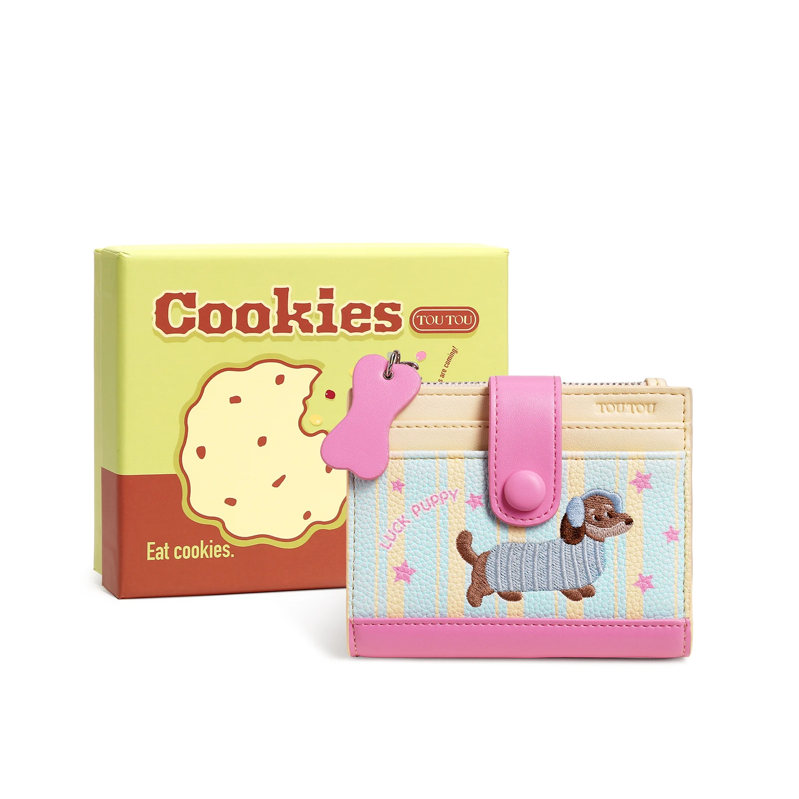 TOUTOU Cute Dachshund Embroidery Women Short Wallet, Multi Card Slots Zipper Coin Purse with Bone Pendant