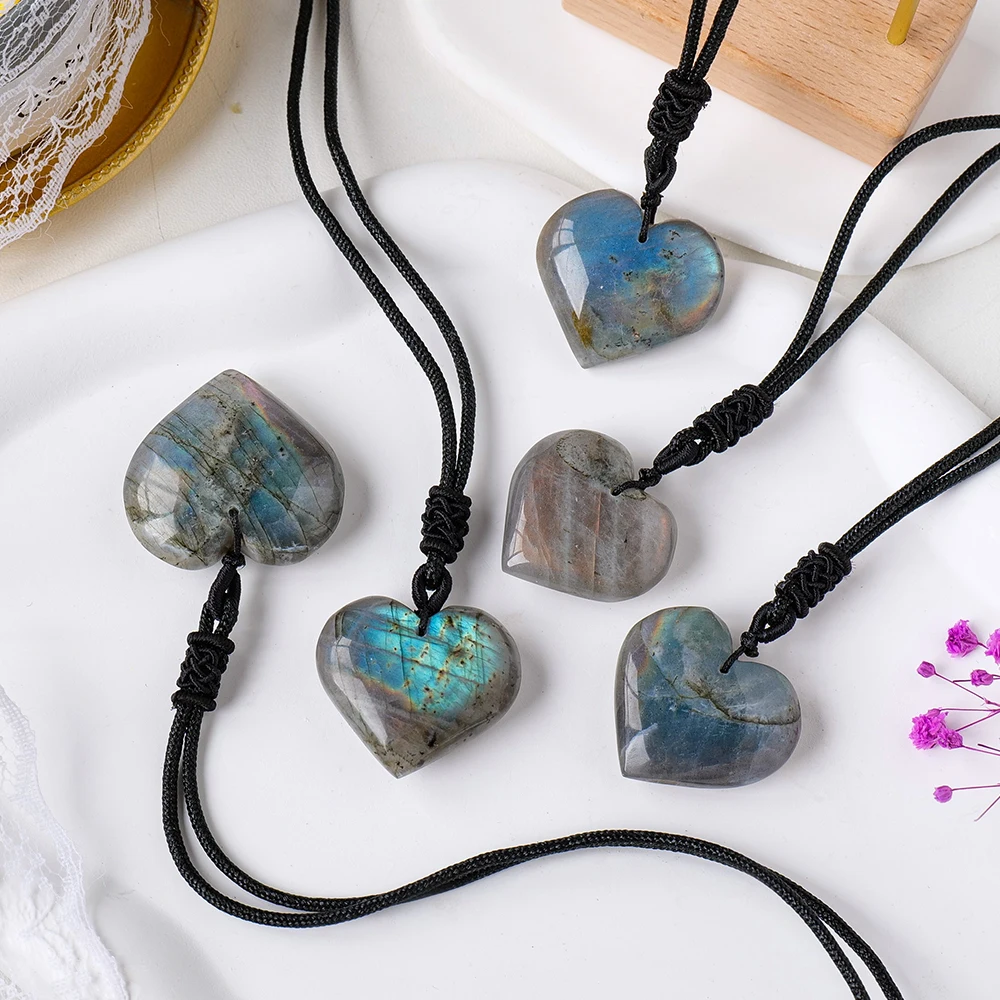 1pc  Natural Elongated Stone Moonlight Love Ocean Heart Pendant Necklace Crystal Semi Precious Energy Heart Shape