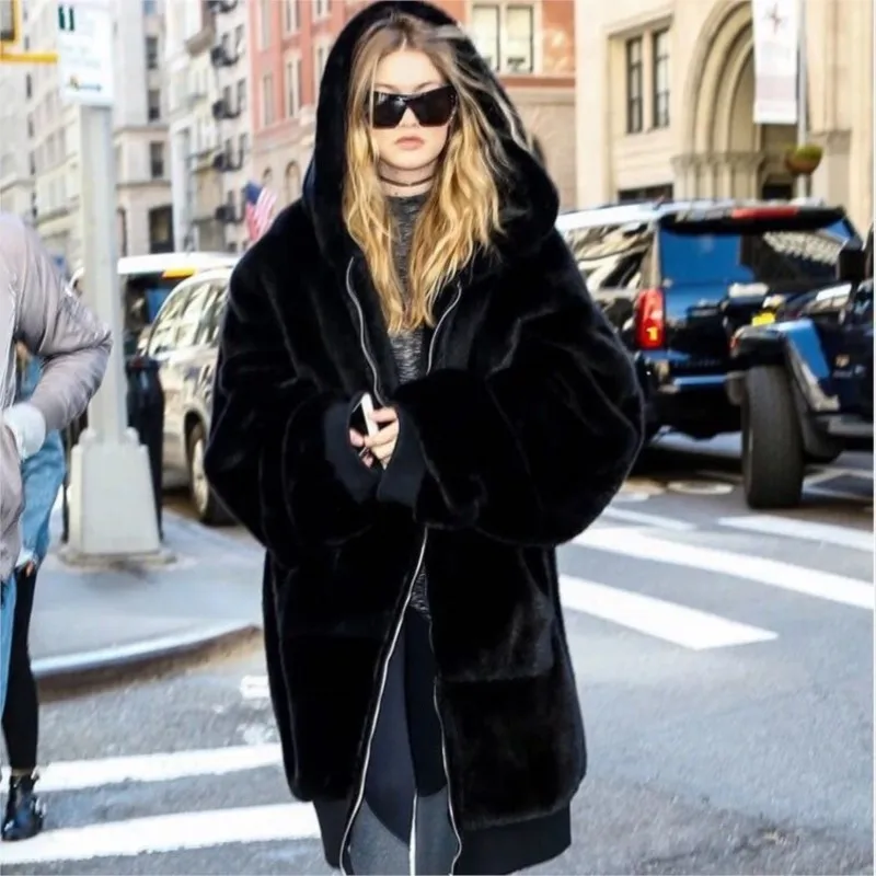 New Winter Warm Hooded Large Size Medium Length Solid Color Fur & Faux Fur Women Lady New Casual Long Sleeve Women Fur Coat