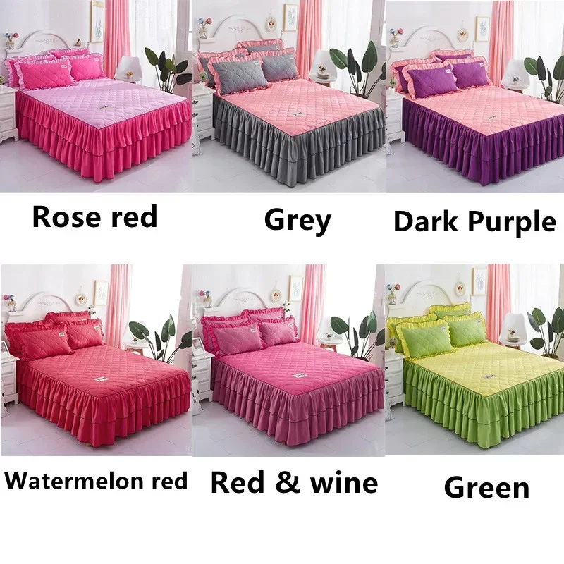 Solid Color Elastic Thickened Velvet Bunk Mattress Protective Cover Bedding Non-Slip Breathable King Skirt Individual Pillowcase