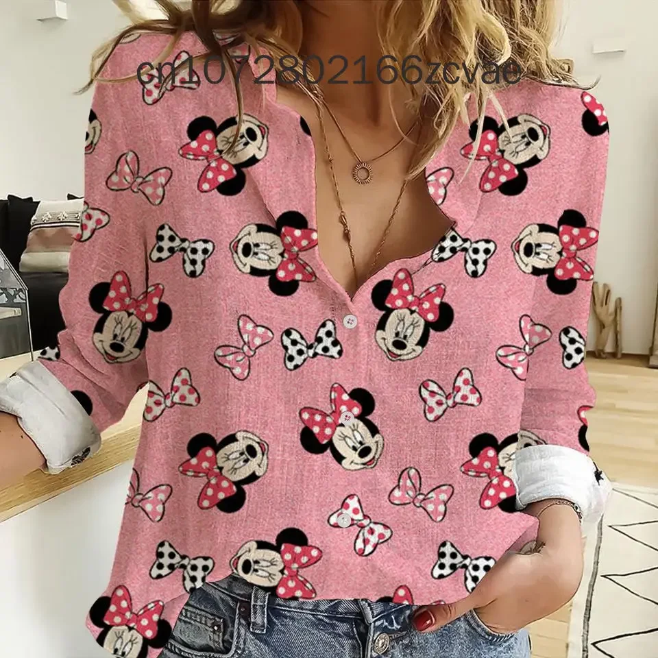 2024 neue Disney Harajuku Slim Fit 3D-Druck Frauen Knopf bis Langarm Revers Mickey Minnie Y2k lässig süßes Hemd