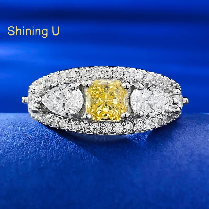 Shining U S925 Silver High Carbon Diamond Gems 5*5mm Citrine Ring for Women Fine Jewelry Anniversary