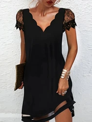 Lace patchwork sleeves customized fashionable wave fancy borders in printing V-neck slim fit and elegant black slimming dress