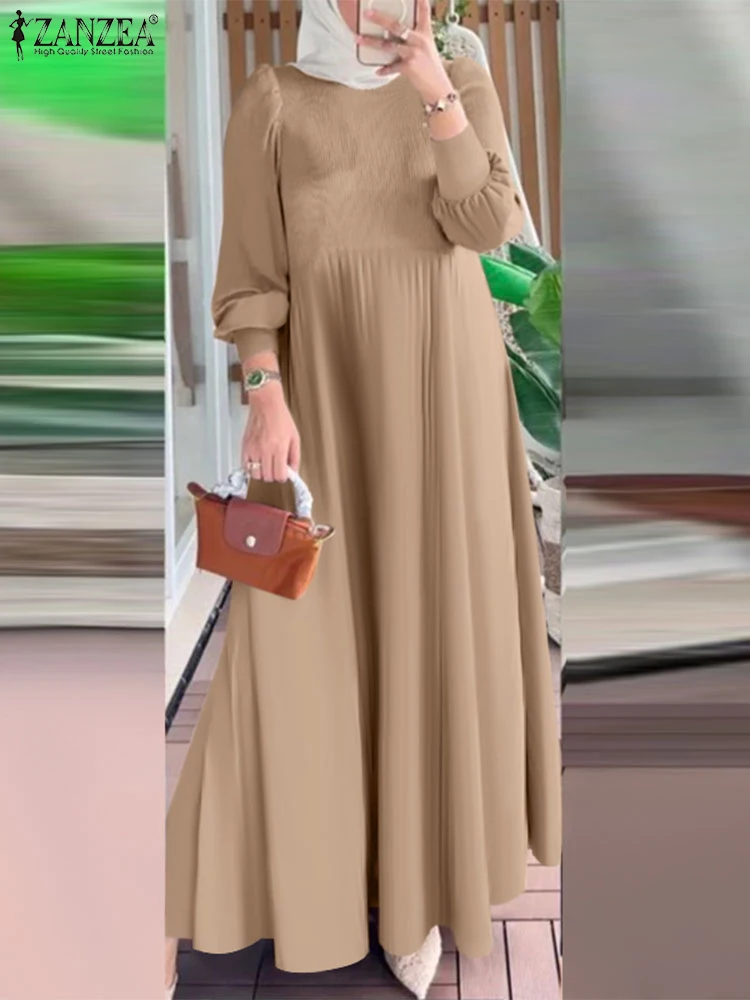 

ZANZEA Muslim Women Pleated Dress Islamic O Neck Lantern Sleeve Plisse Maxi Vestidos 2025 Spring Elegant Solid Streetwear Robes