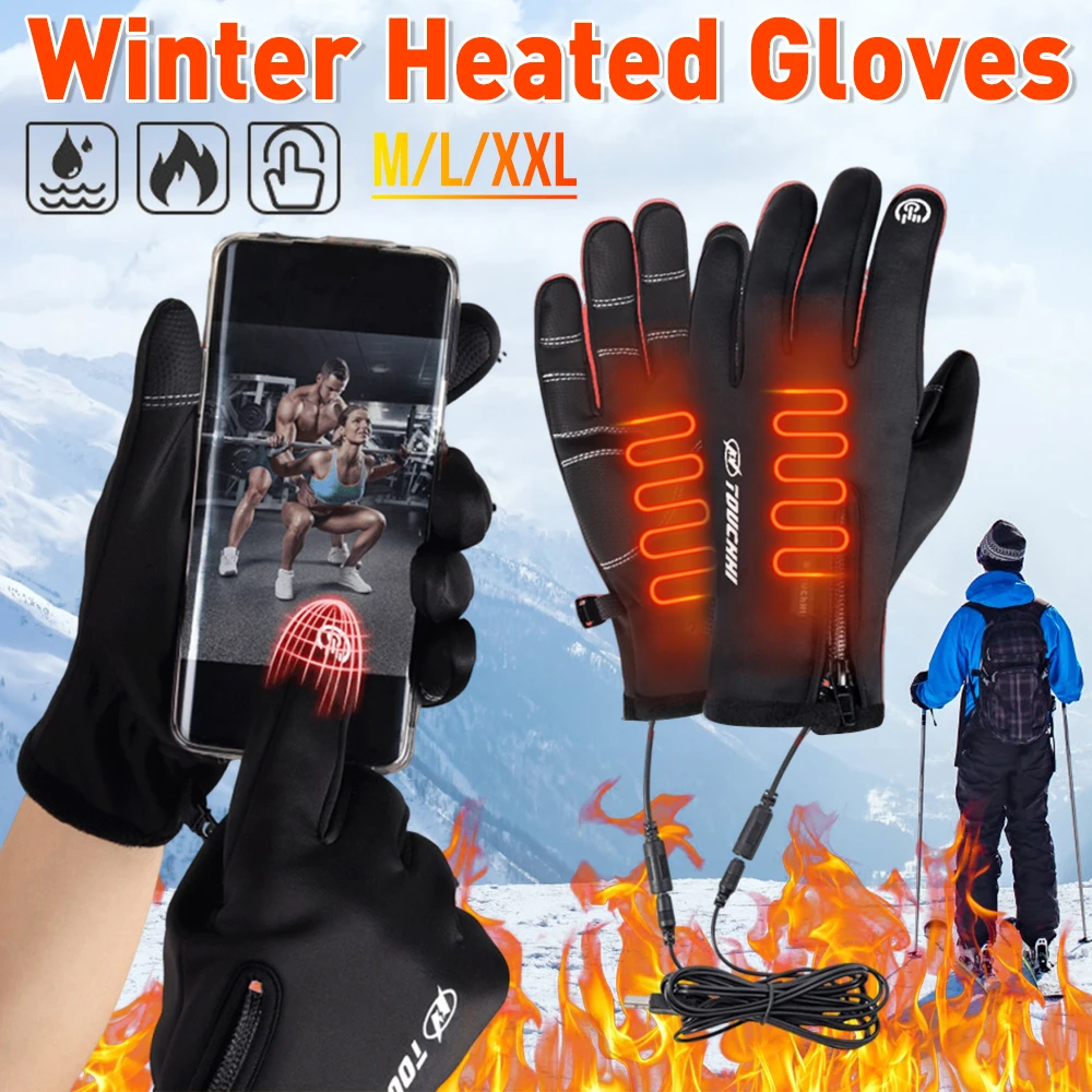 

USB 3 Gears Touch Screen Heated Motorcycle Gloves Outdoor Winter Ski Gloves Sport Fishing Warm Riding Bicycle Gloves