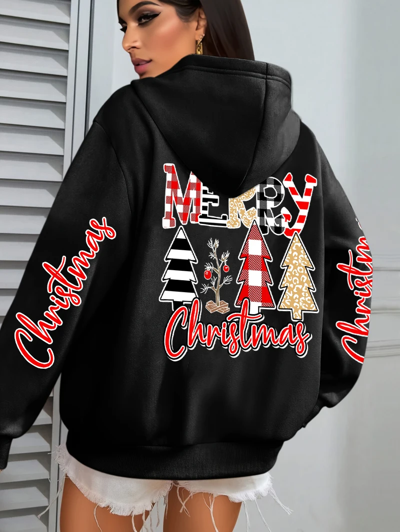 Merry Christmas Happy Trees Prints Women Hoodies Autumn Y2K Pocket Hoody Casual Hip Hop Sportswear All-Match Pullovers